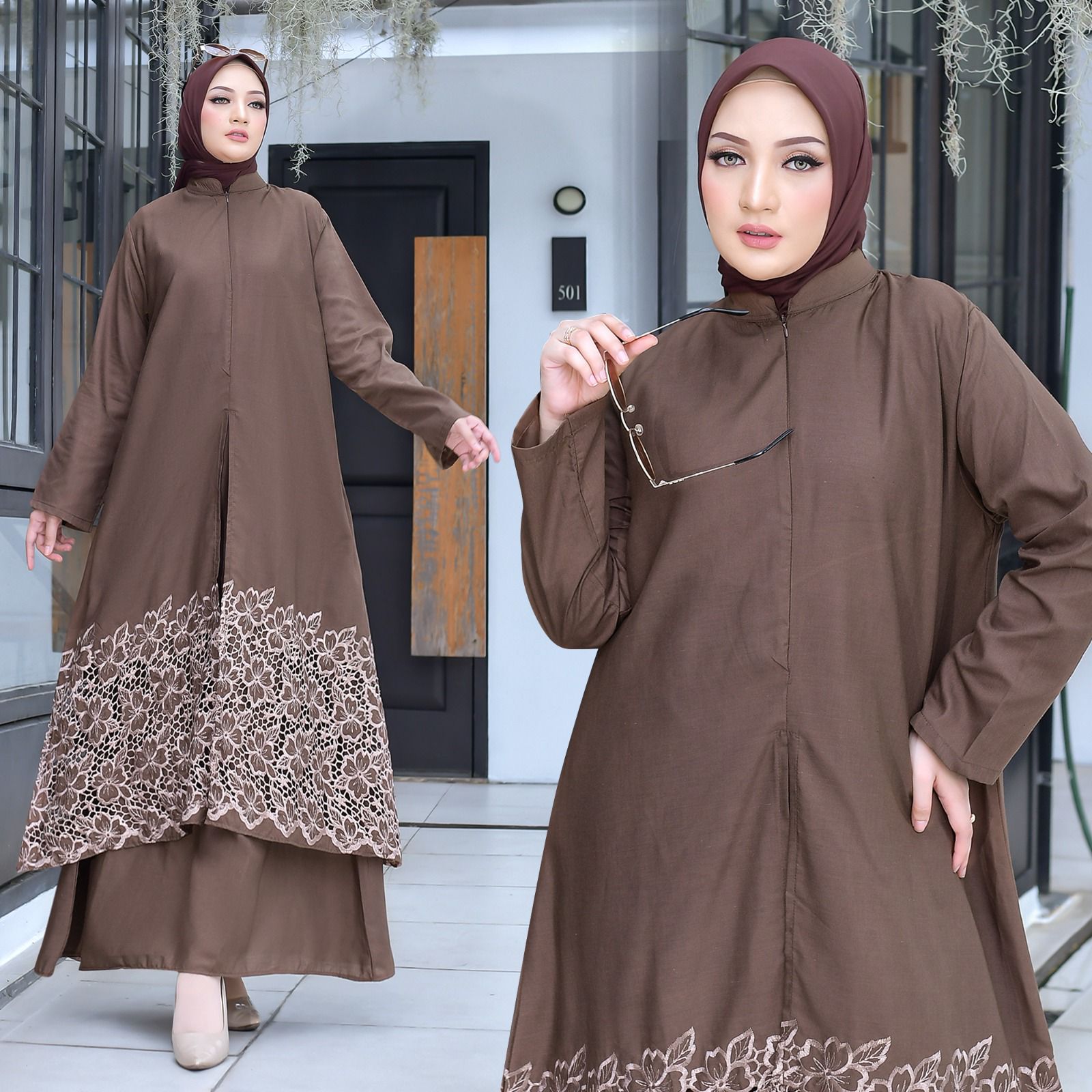 Tunic Set Zahra warna Brown koleksi tunic set muslimah KHZ Boutique