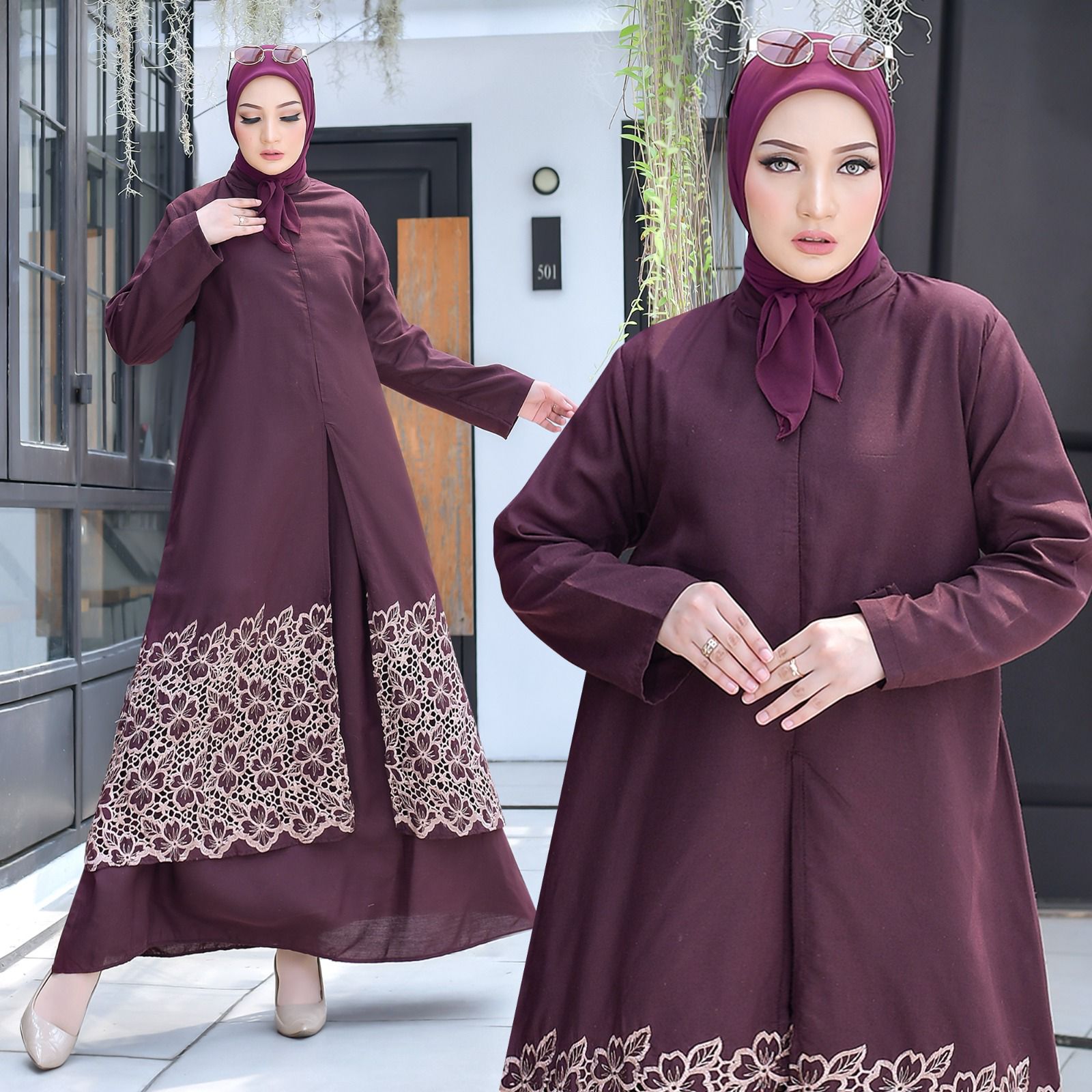 Tunic Set Zahra warna Maroon koleksi tunic set muslimah KHZ Boutique
